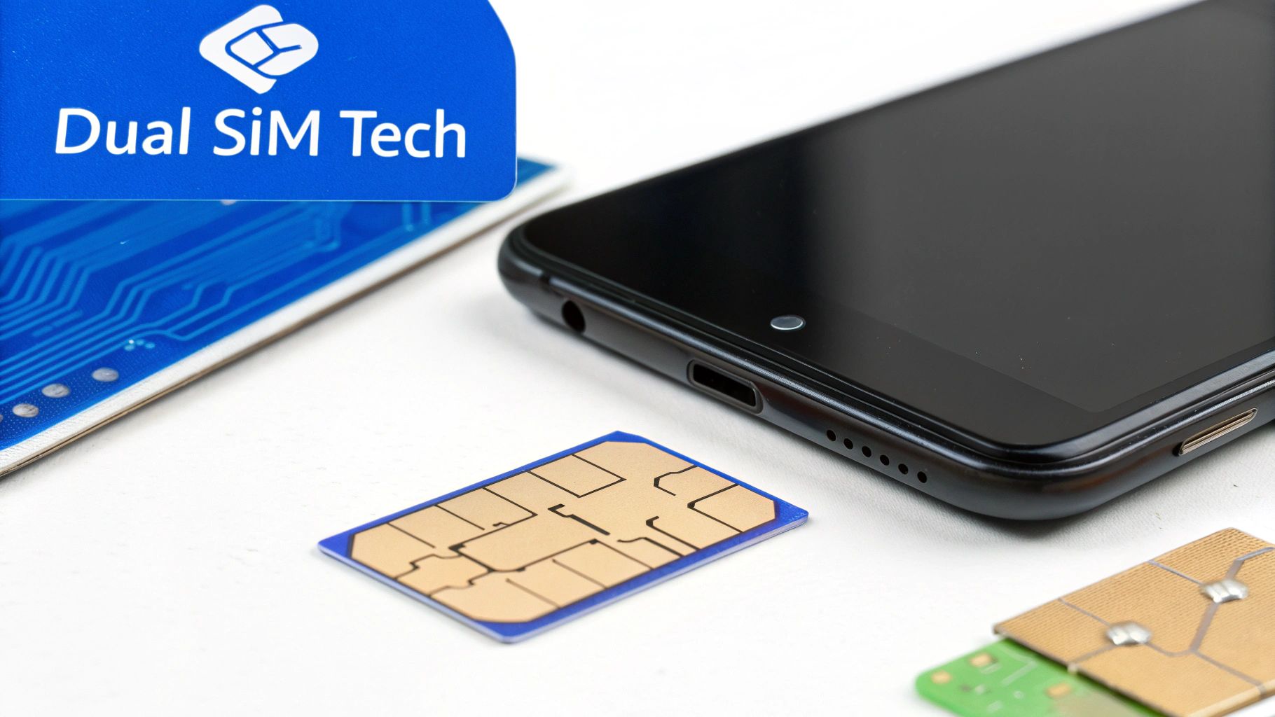 A smartphone, various SIM cards, and a 'Dual SIM Tech' banner for mobile phone connectivity.