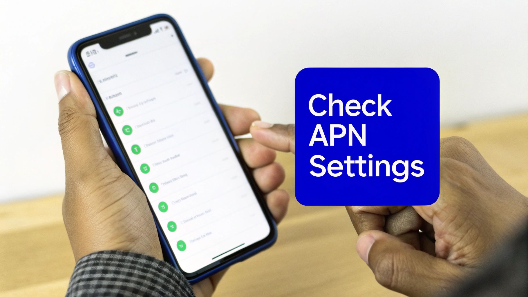 A person holds a smartphone next to a blue overlay with 'Check APN Settings' text.