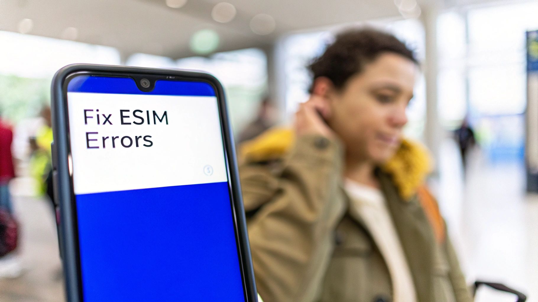 A smartphone screen displaying 'Fix ESIM Errors' with a blurred person in the background, likely at an airport.
