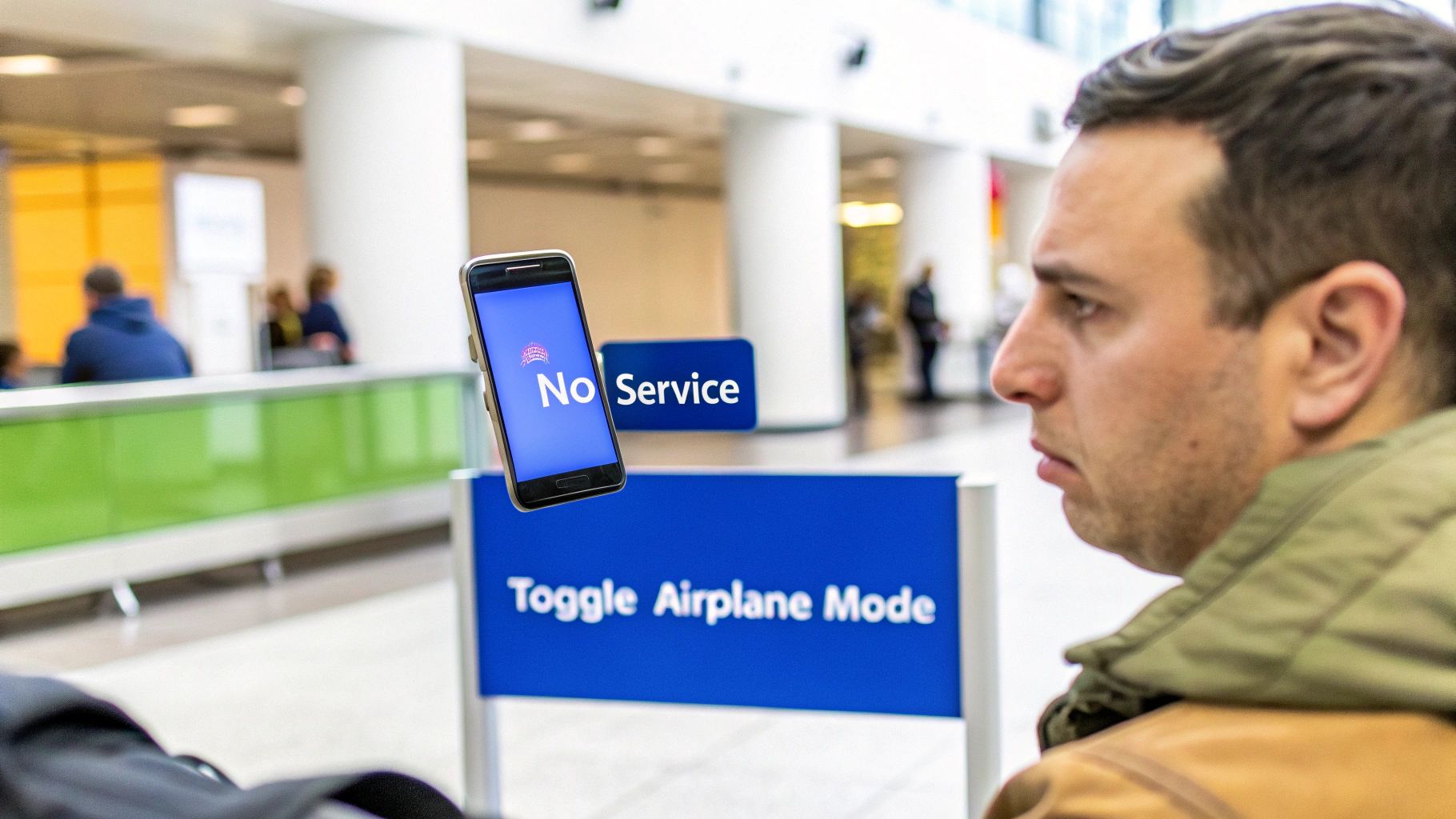 A man in an airport looks concerned as his smartphone displays 'No Service' and a sign suggests 'Toggle Airplane Mode'.