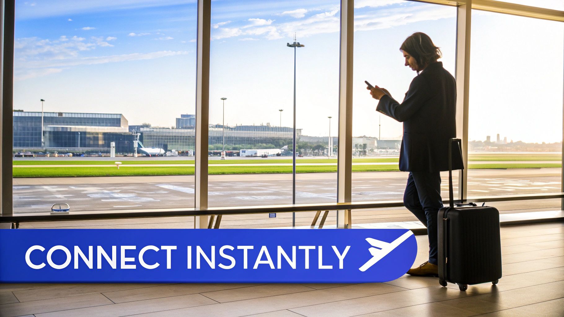A man with a suitcase uses his phone at a bright airport terminal, with an airplane outside, and a "CONNECT INSTANTLY" banner.
