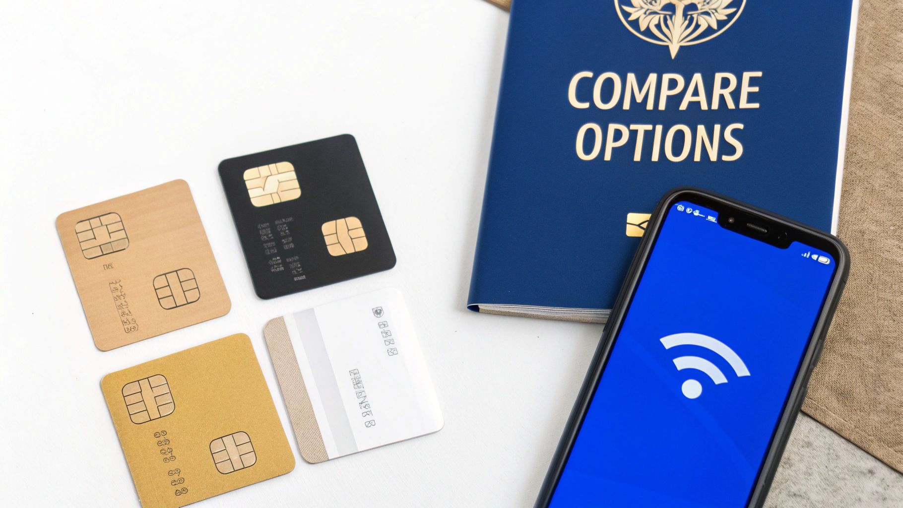 Multiple SIM cards, a 'Compare Options' booklet, and a smartphone displaying a Wi-Fi symbol.